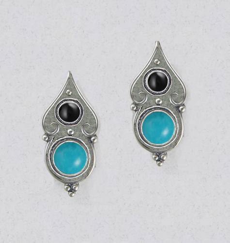 Sterling Silver Gothic Look Post Stud Earrings With Turquoise And Black Onyx